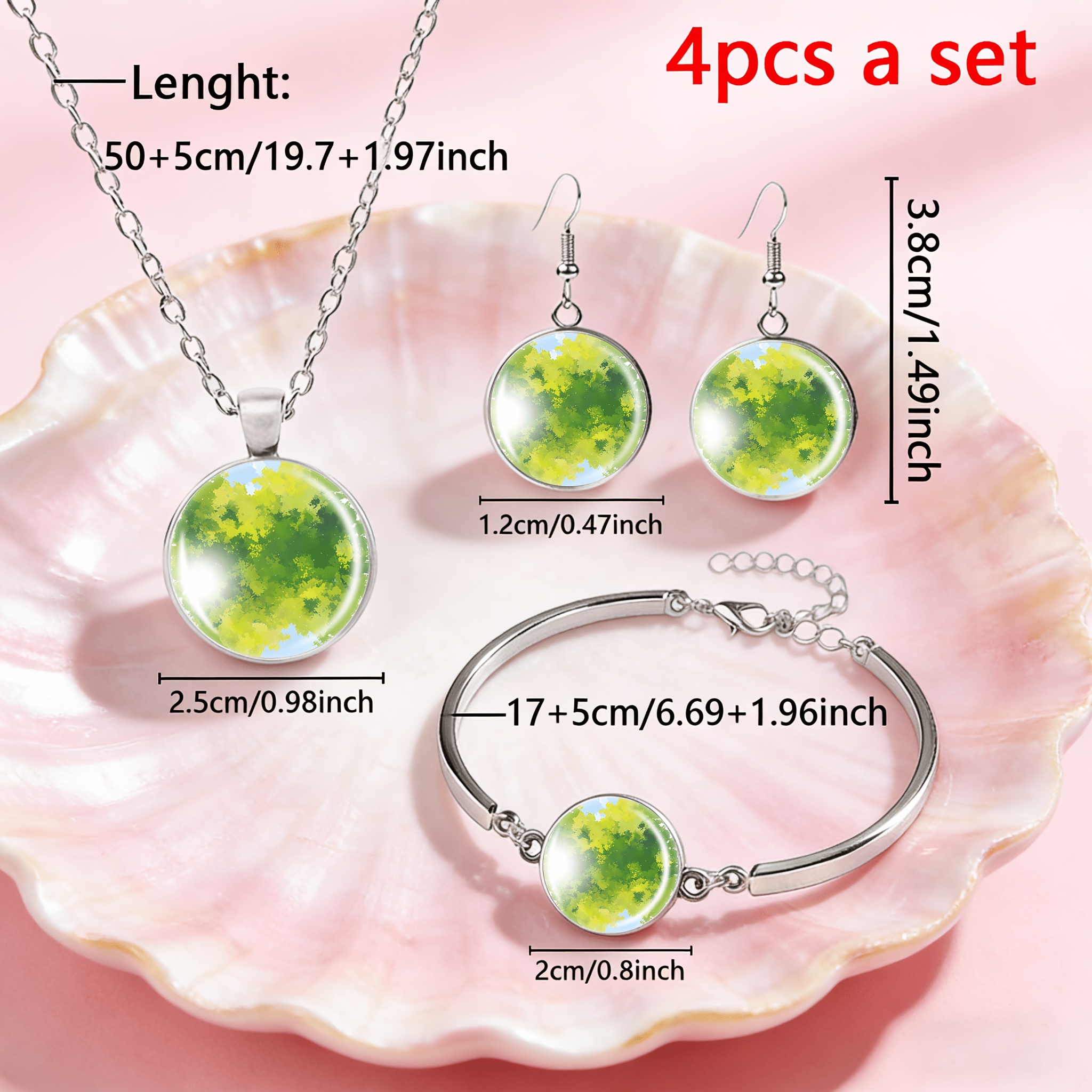 4pc White Glass-Inlaid Necklace Bracelet & Stud Earrings Set